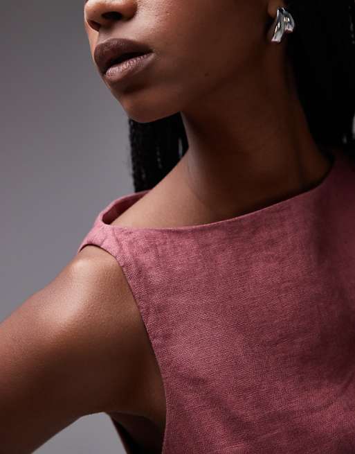 Asos & Other Stories Linen Mini Dress With Boat Neck In Burgundy Pink