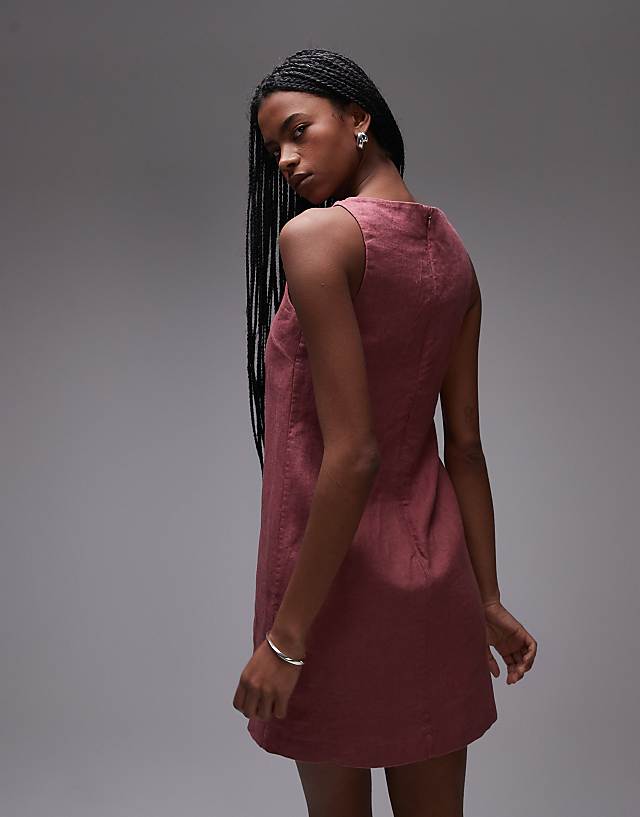 Asos & Other Stories Linen Mini Dress With Boat Neck In Burgundy Pink