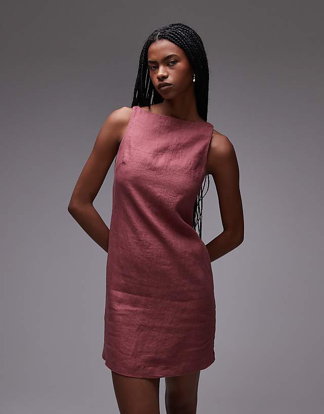 asos & Other Stories linen mini dress with boat neck in burgundy pink