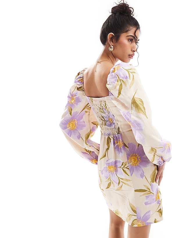 Asos & Other Stories Linen Mini Dress With Volume Sleeve In Floral Print