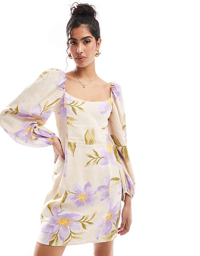 Asos & Other Stories Linen Mini Dress With Volume Sleeve In Floral Print