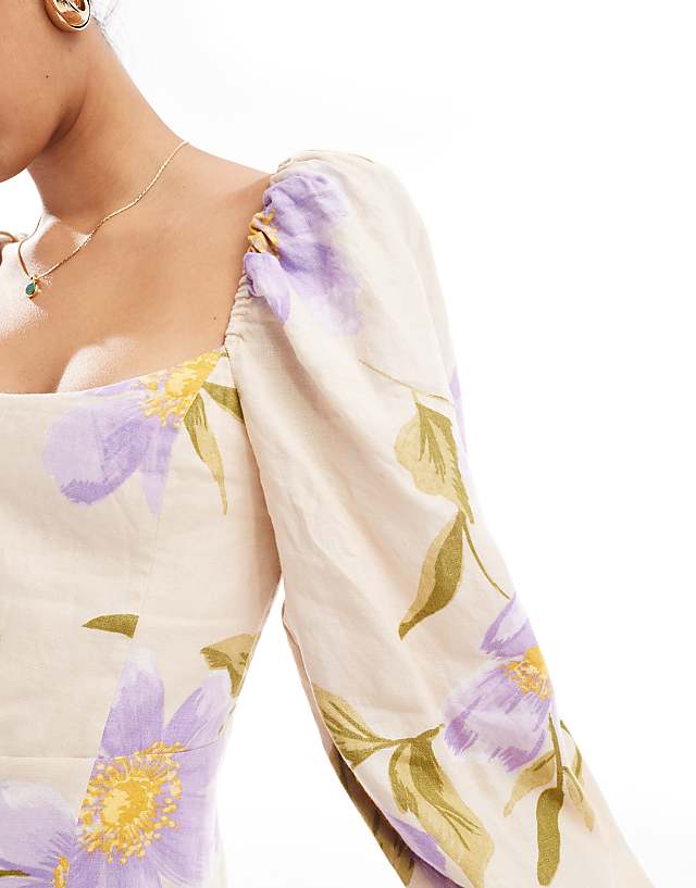 Asos & Other Stories Linen Mini Dress With Volume Sleeve In Floral Print
