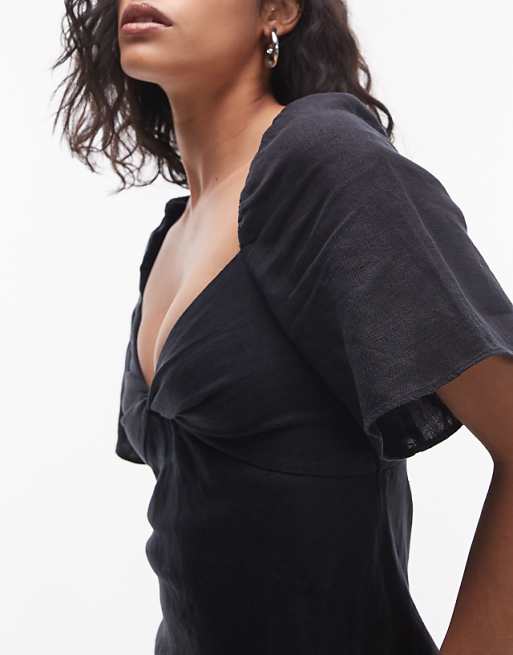 Asos & Other Stories Linen Puff Sleeve Midaxi Dress With Twist Sweetheart Neckline In Black