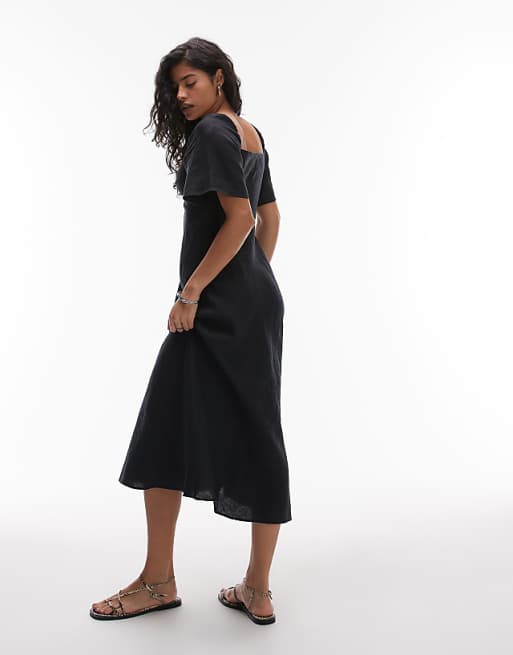Asos & Other Stories Linen Puff Sleeve Midaxi Dress With Twist Sweetheart Neckline In Black