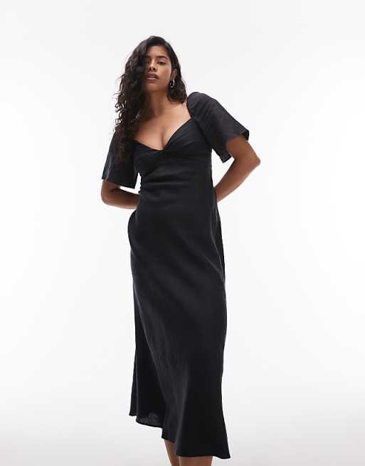 Asos & Other Stories Linen Puff Sleeve Midaxi Dress With Twist Sweetheart Neckline In Black