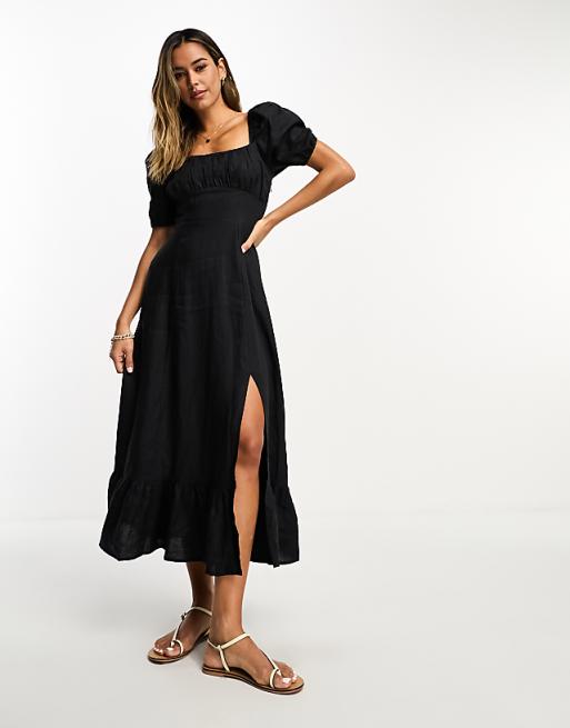 Asos & Other Stories Linen Puff Sleeve Midaxi Dress With Split In Black