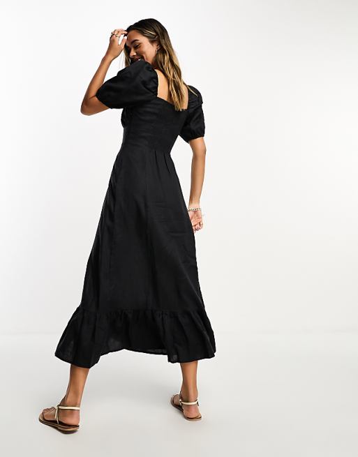 Asos & Other Stories Linen Puff Sleeve Midaxi Dress With Split In Black