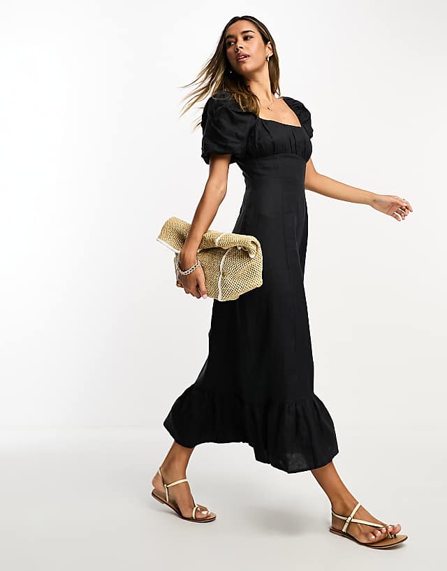 asos & Other Stories linen puff sleeve midaxi dress with split in black