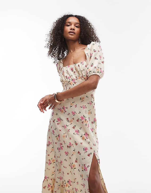 Asos & Other Stories Linen Puff Sleeve Midaxi Dress With Split In Floral Print