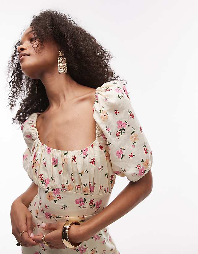 Asos & Other Stories Linen Puff Sleeve Midaxi Dress With Split In Floral Print