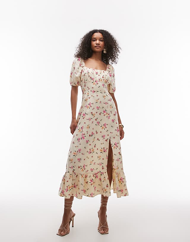 asos & Other Stories linen puff sleeve midaxi dress with split in floral print