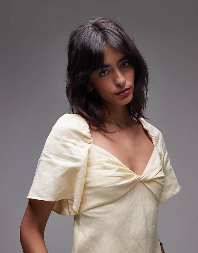 Asos & Other Stories Linen Puff Sleeve Midaxi Dress With Twist Sweetheart Neckline In Butter Yellow