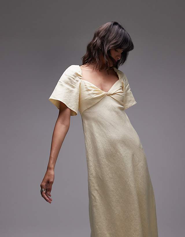 Asos & Other Stories Linen Puff Sleeve Midaxi Dress With Twist Sweetheart Neckline In Butter Yellow