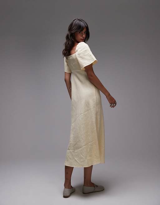 Asos & Other Stories Linen Puff Sleeve Midaxi Dress With Twist Sweetheart Neckline In Butter Yellow