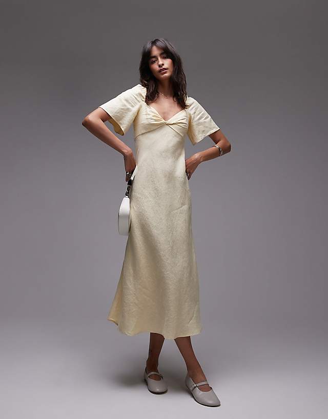 asos & Other Stories linen puff sleeve midaxi dress with twist sweetheart neckline in butter yellow