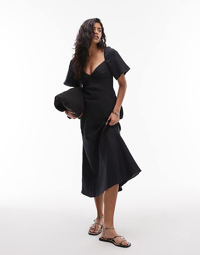 asos & Other Stories linen puff sleeve midaxi dress with twist sweetheart neckline in black