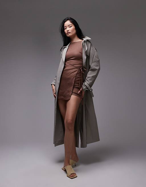 Asos & Other Stories Linen Square Neck Mini Dress With Wrap Front In Brown