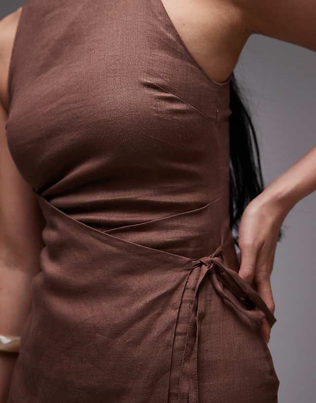 Asos & Other Stories Linen Square Neck Mini Dress With Wrap Front In Brown