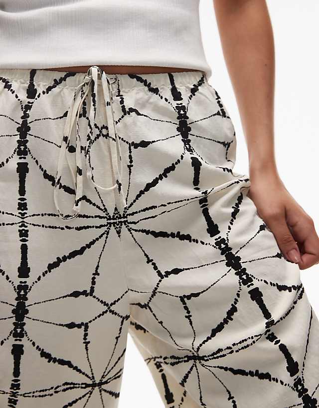 Asos & Other Stories Linen Wide Leg Trousers With Drawstring Waist In Off White And Black Pattern