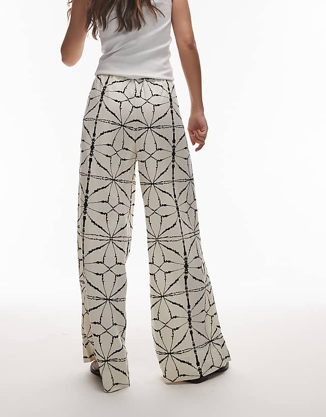 Asos & Other Stories Linen Wide Leg Trousers With Drawstring Waist In Off White And Black Pattern