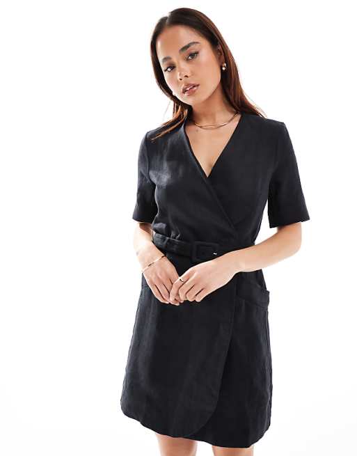 asos & Other Stories linen wrap mini dress with belt in black