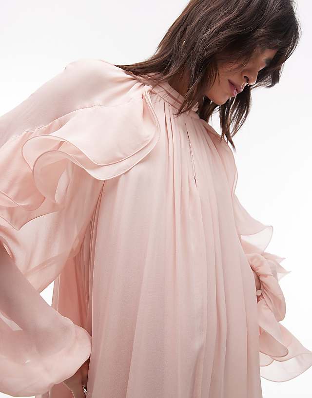 Asos & Other Stories Long Sleeve Floaty Midi Dress With Ruffle Detail In Pink