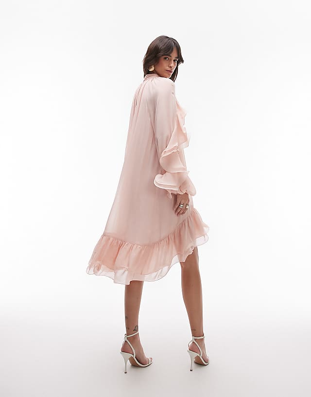 Asos & Other Stories Long Sleeve Floaty Midi Dress With Ruffle Detail In Pink