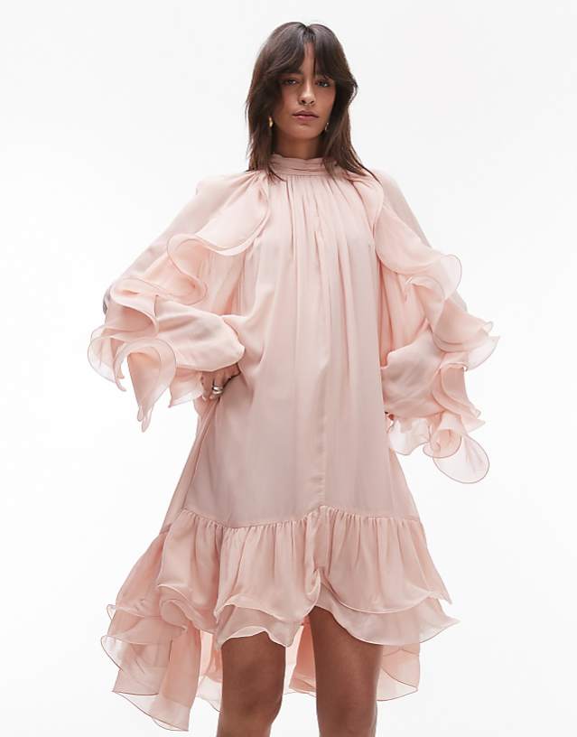 Asos & Other Stories Long Sleeve Floaty Midi Dress With Ruffle Detail In Pink