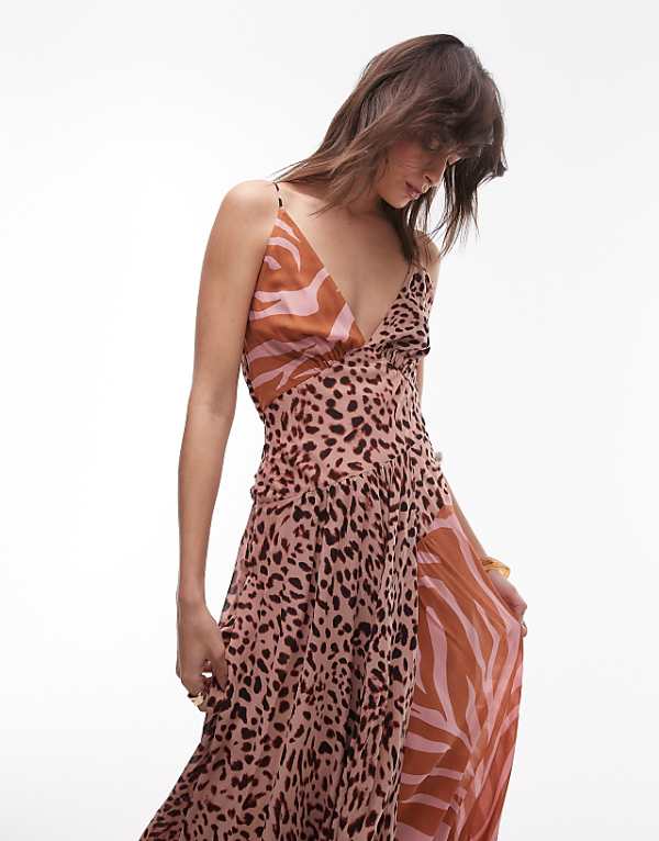 Asos & Other Stories Maxi Dress With Adjustable Spaghetti Straps And Low Cowl Neck In Mixed Animal Print