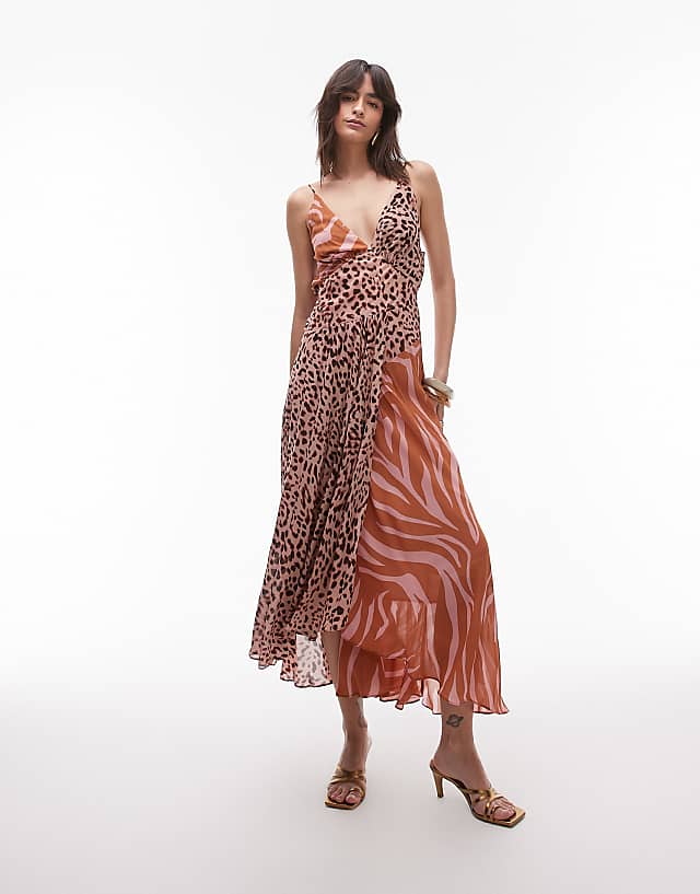 asos & Other Stories maxi dress with adjustable spaghetti straps and low cowl neck in mixed animal print