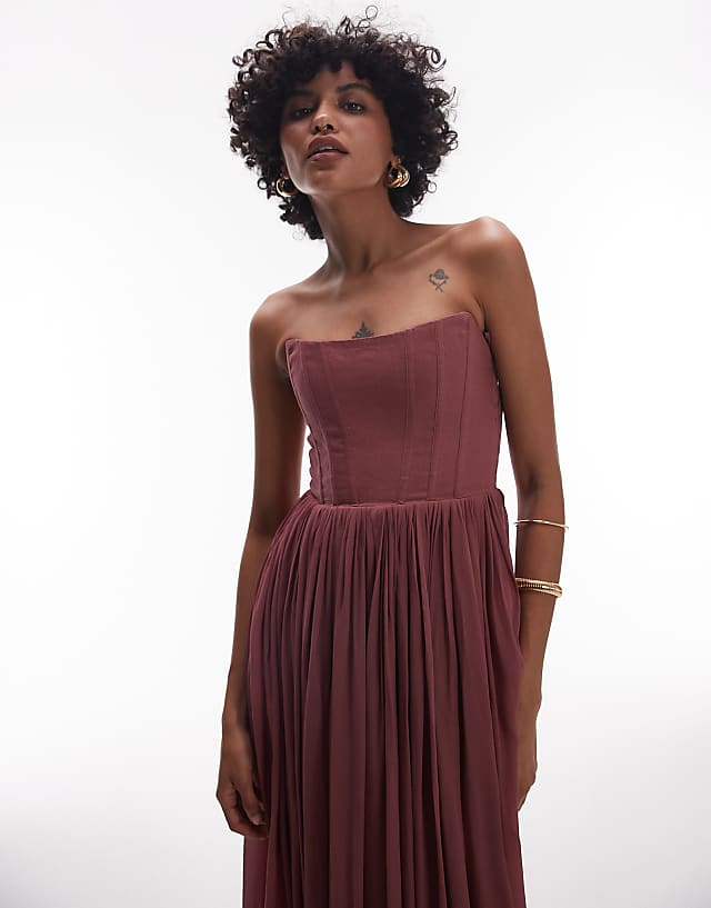 Asos & Other Stories Maxi Dress With Corset And Sheer Overskirt In Berry Burgundy