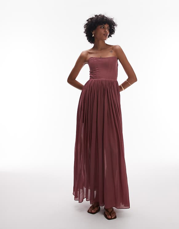 asos & Other Stories maxi dress with corset and sheer overskirt in berry burgundy