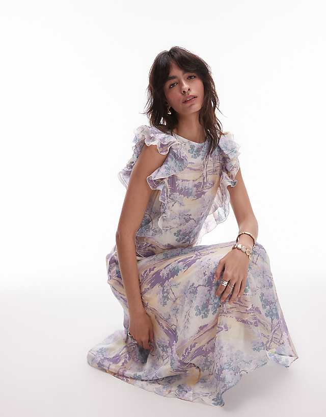 Asos & Other Stories Maxi Dress With Ruffle Edging And Low Back In Vintage Landscape Print