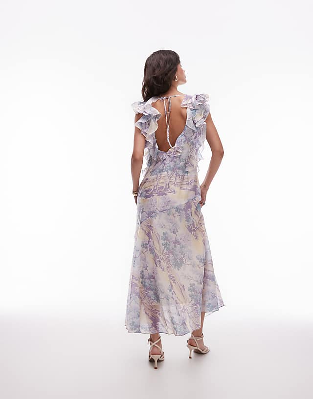 Asos & Other Stories Maxi Dress With Ruffle Edging And Low Back In Vintage Landscape Print