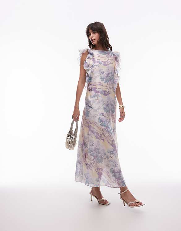 asos & Other Stories maxi dress with ruffle edging and low back in vintage landscape print