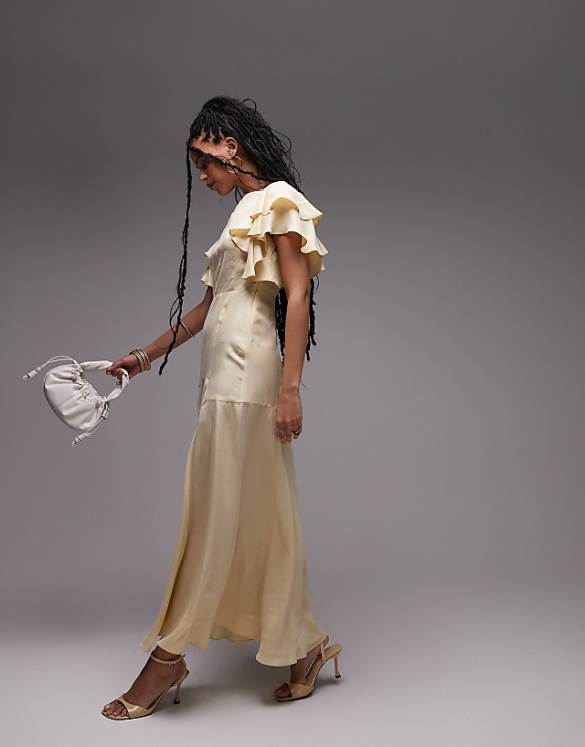asos & Other Stories maxi dress with ruffle sleeves and open back in light butter yellow