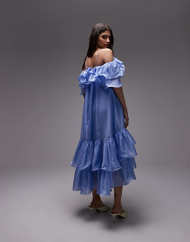 Asos & Other Stories Midaxi Dress With Off Shoulder And Double Ruffle Detail In Blue