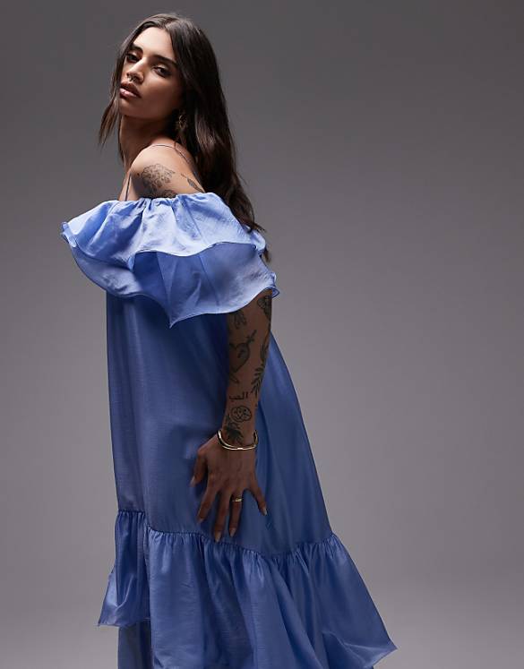 Asos & Other Stories Midaxi Dress With Off Shoulder And Double Ruffle Detail In Blue