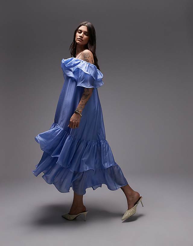 asos & Other Stories midaxi dress with off shoulder and double ruffle detail in blue