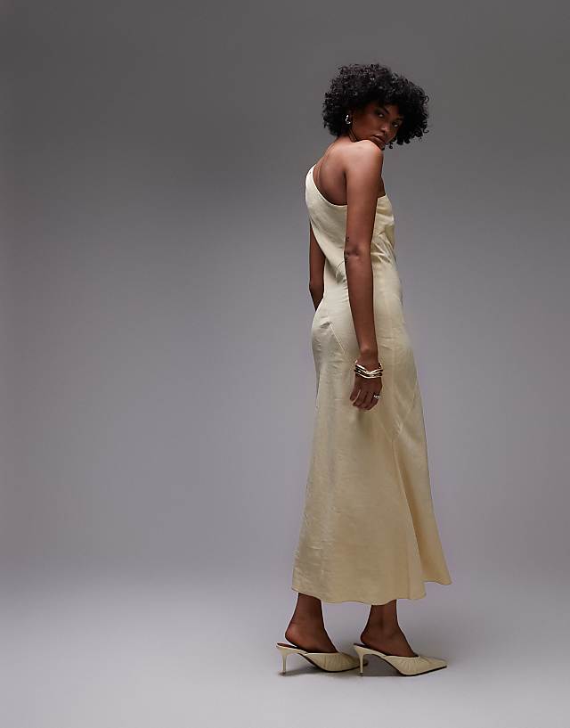 Asos & Other Stories One Shoulder Linen Midi Dress With Twisted Strap Detail In Butter Yellow