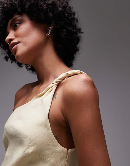 Asos & Other Stories One Shoulder Linen Midi Dress With Twisted Strap Detail In Butter Yellow