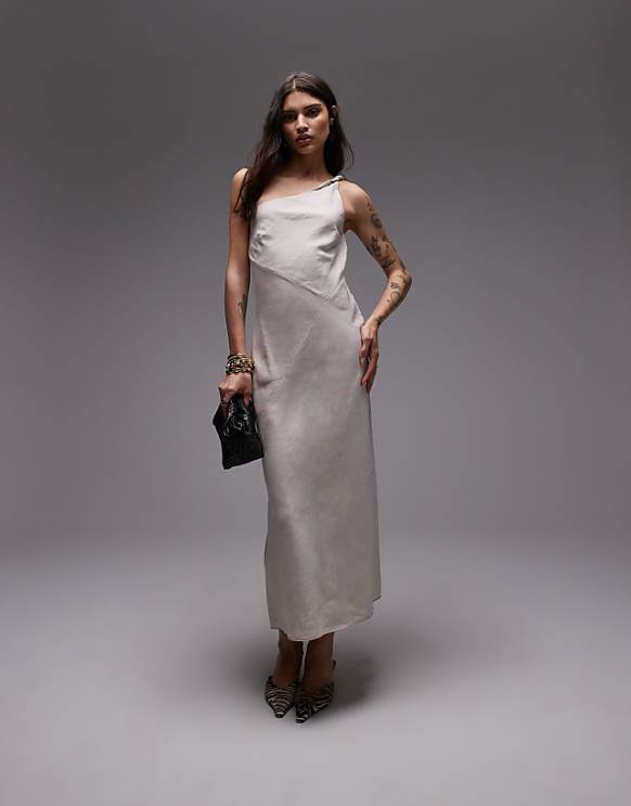 Asos & Other Stories One Shoulder Linen Midi Dress With Twisted Strap Detail In Vintage White