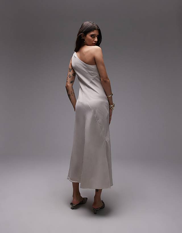 Asos & Other Stories One Shoulder Linen Midi Dress With Twisted Strap Detail In Vintage White