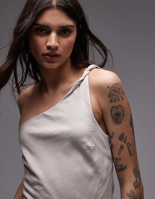 Asos & Other Stories One Shoulder Linen Midi Dress With Twisted Strap Detail In Vintage White