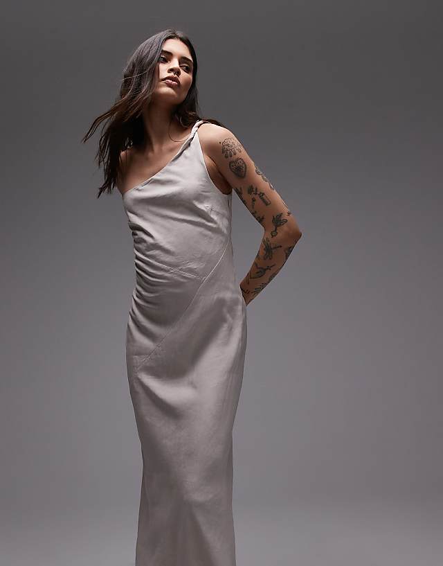 asos & Other Stories one shoulder linen midi dress with twisted strap detail in vintage white