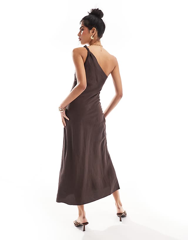 Asos & Other Stories One Shoulder Linen Midi Dress With Twisted Strap Detail In Dark Brown