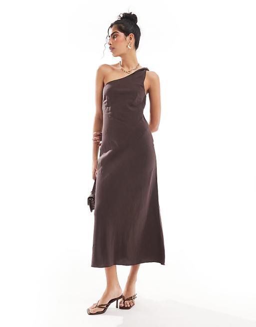 asos & Other Stories one shoulder linen midi dress with twisted strap detail in dark brown