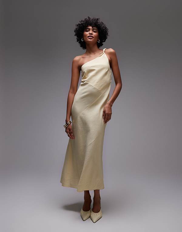 asos & Other Stories one shoulder linen midi dress with twisted strap detail in butter yellow
