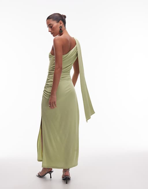 Asos & Other Stories One Shoulder Midi Dress With Drape Detail In Green