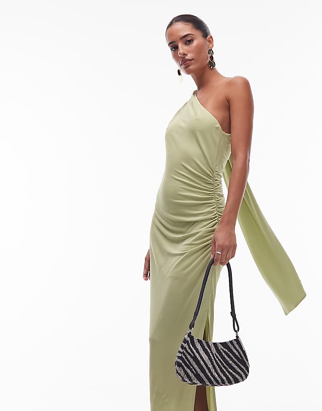 Asos & Other Stories One Shoulder Midi Dress With Drape Detail In Green